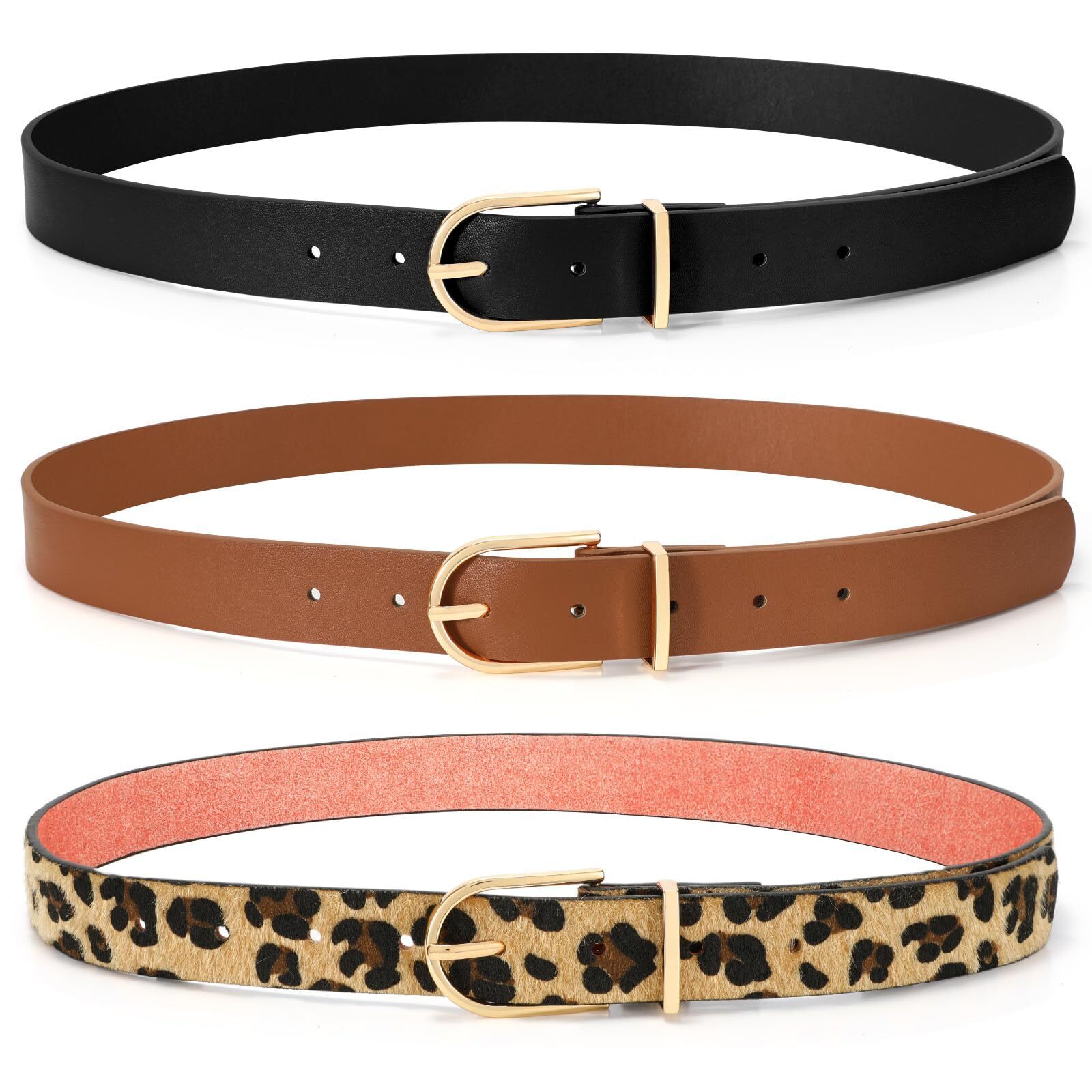 5242 3 Pack Women Leopard Cheetah Print Belt Balck Brown Leather Belts